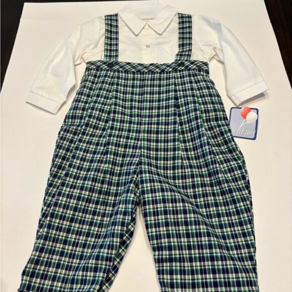 PETIT AMI OVERALLS 12 MONTHS DK GREEN COTTON WITH VELVETEEN VEST & WHITE SHIRT - Picture 5 of 7